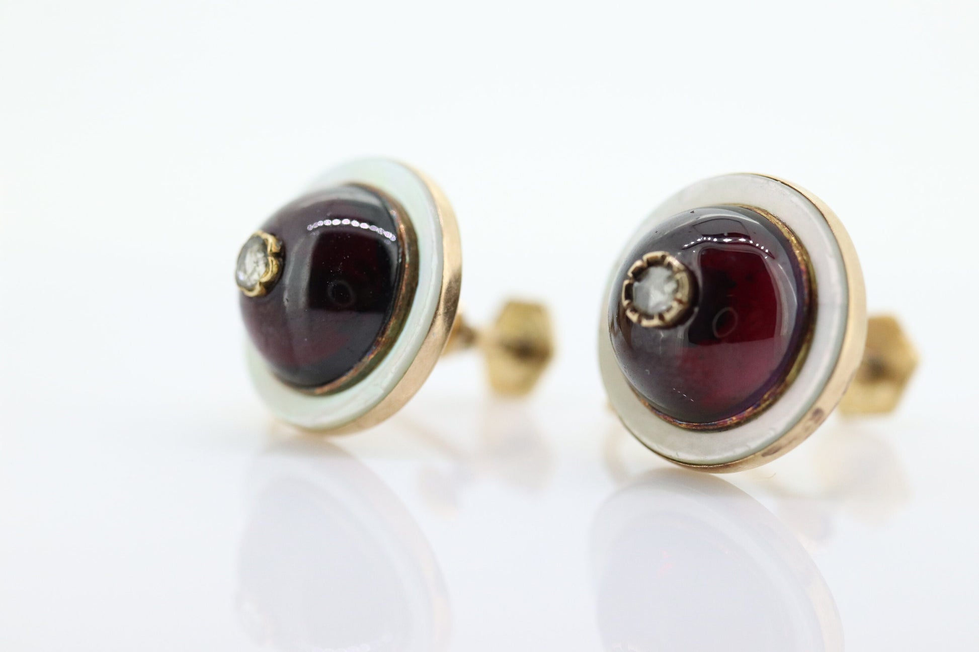 Antique Garnet Diamond Earrings. 10k Gold Victorian Etruscan Garnet Cabochon with Diamond center burst. MOP halo. st(59)