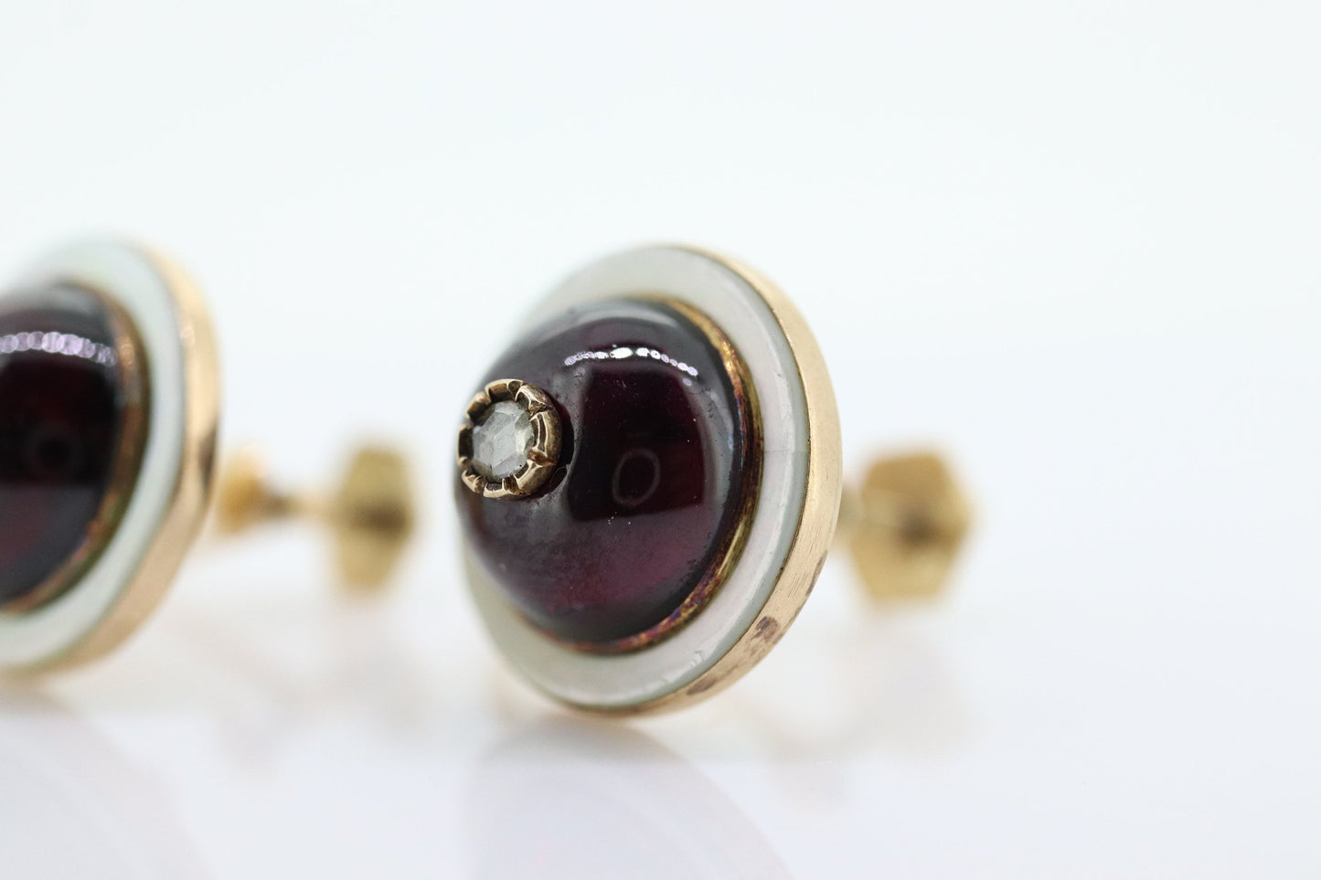 Antique Garnet Diamond Earrings. 10k Gold Victorian Etruscan Garnet Cabochon with Diamond center burst. MOP halo. st(59)