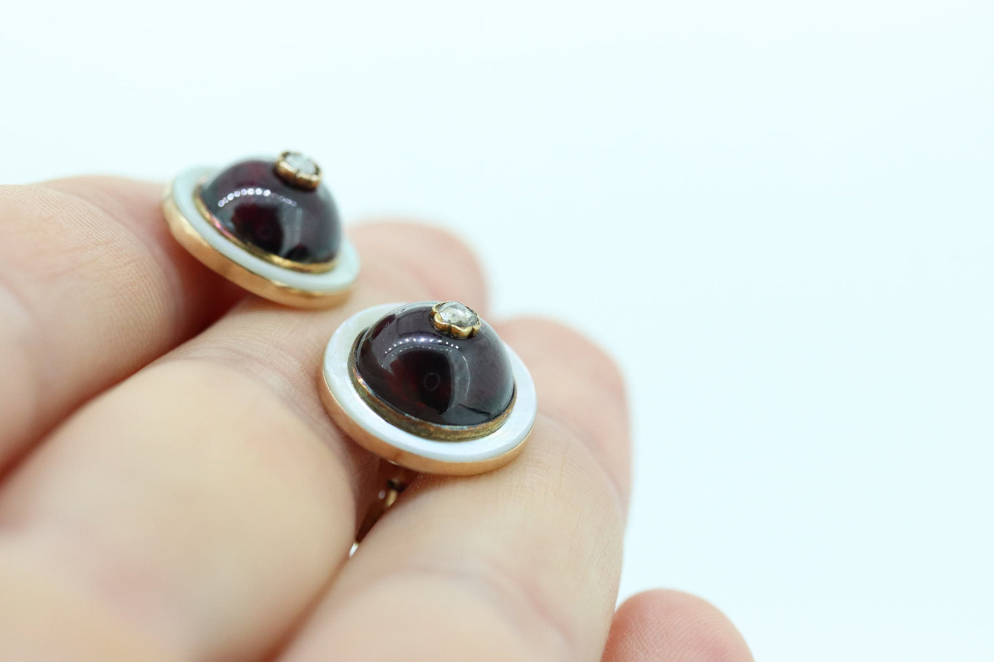 Antique Garnet Diamond Earrings. 10k Gold Victorian Etruscan Garnet Cabochon with Diamond center burst. MOP halo. st(59)