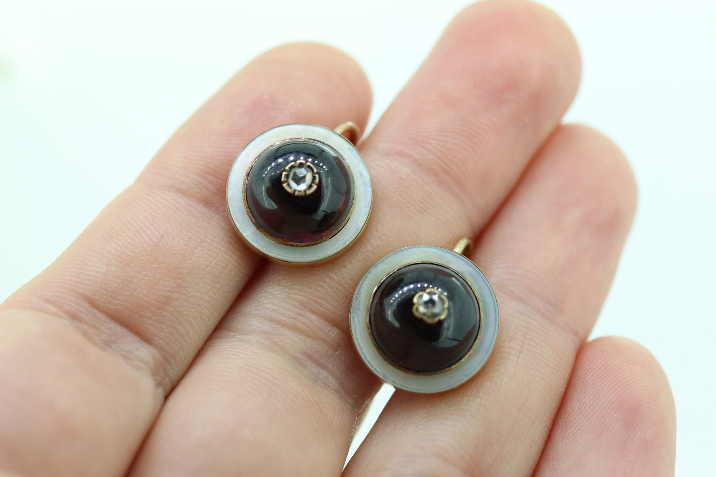 Antique Garnet Diamond Earrings. 10k Gold Victorian Etruscan Garnet Cabochon with Diamond center burst. MOP halo. st(59)