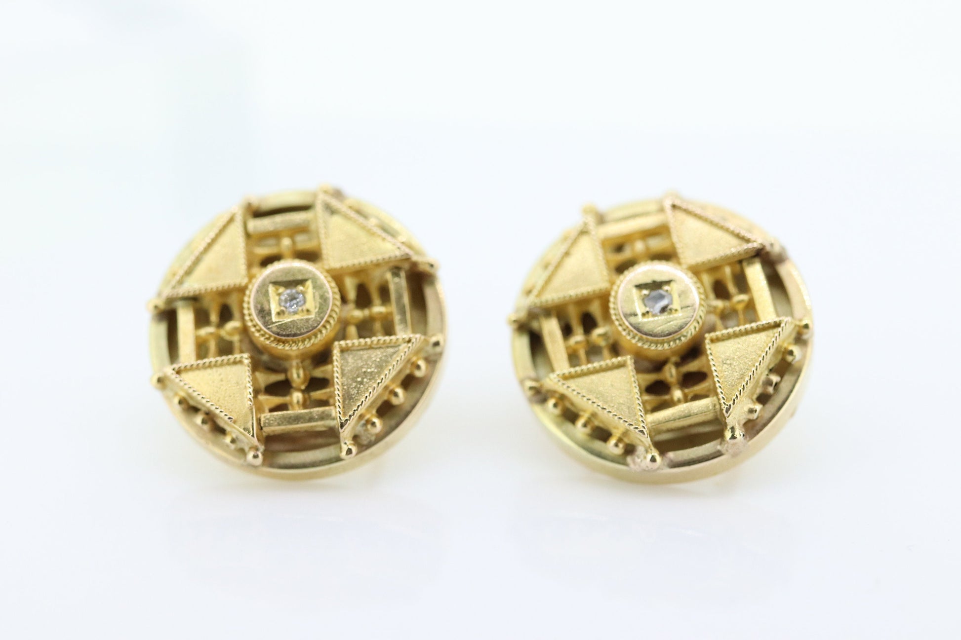 Antique 14k Diamond Round Earrings. Etruscan Round cut diamond Unpierced screw back earrings. st(236)