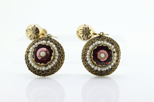 Antique Garnet Pearl seed Earrings. 14k Gold Victorian Etruscan Garnet Dangle Unpierced Screw back st(55)