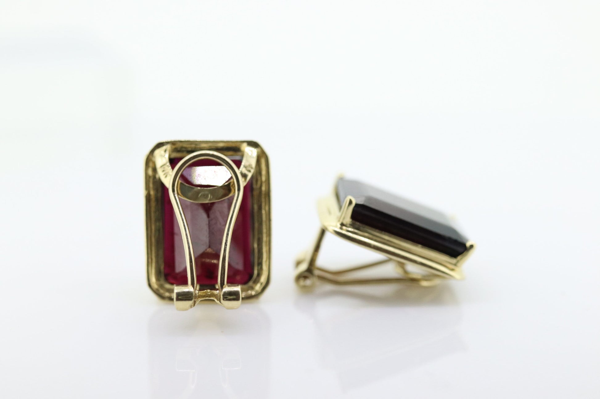 GARNET 14k Gold Stud Earrings. NON Pierced Omega Clip ons Large Garnet studs earrings. (st106)