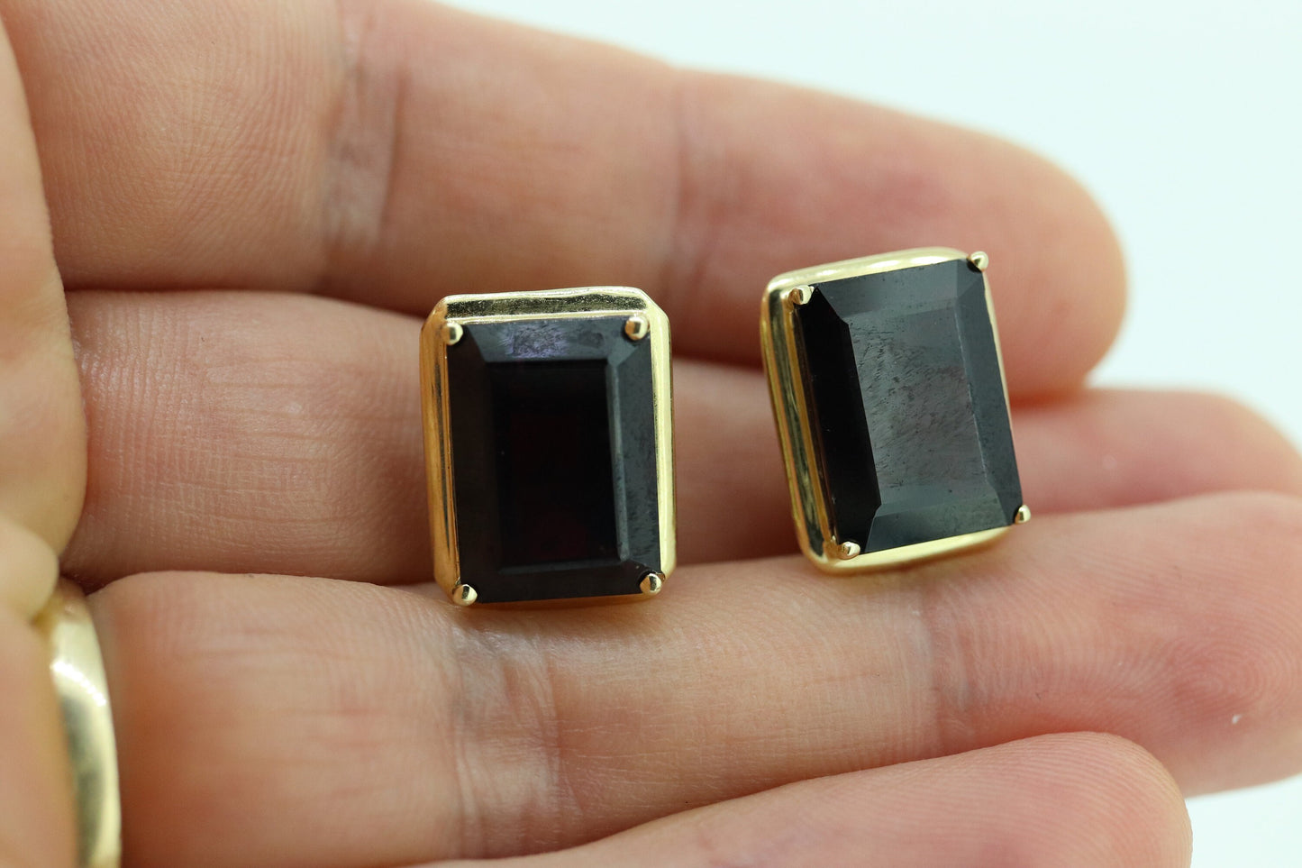 GARNET 14k Gold Stud Earrings. NON Pierced Omega Clip ons Large Garnet studs earrings. (st106)