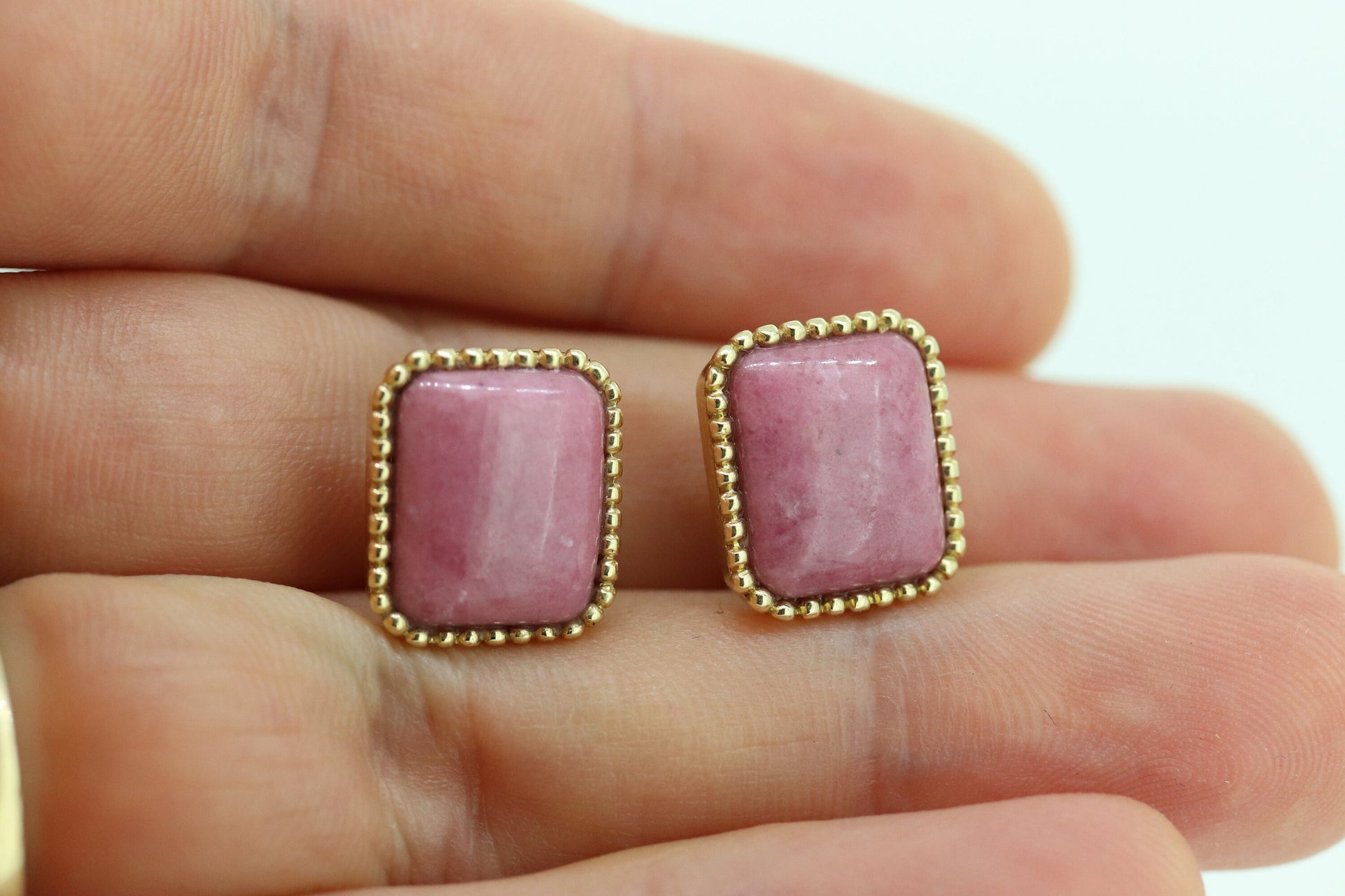 Pink Quartz 14k Gold Stud Earrings. NON Pierced Omega Clip ons Large Peach Pink Quartz studs earrings. (st59)