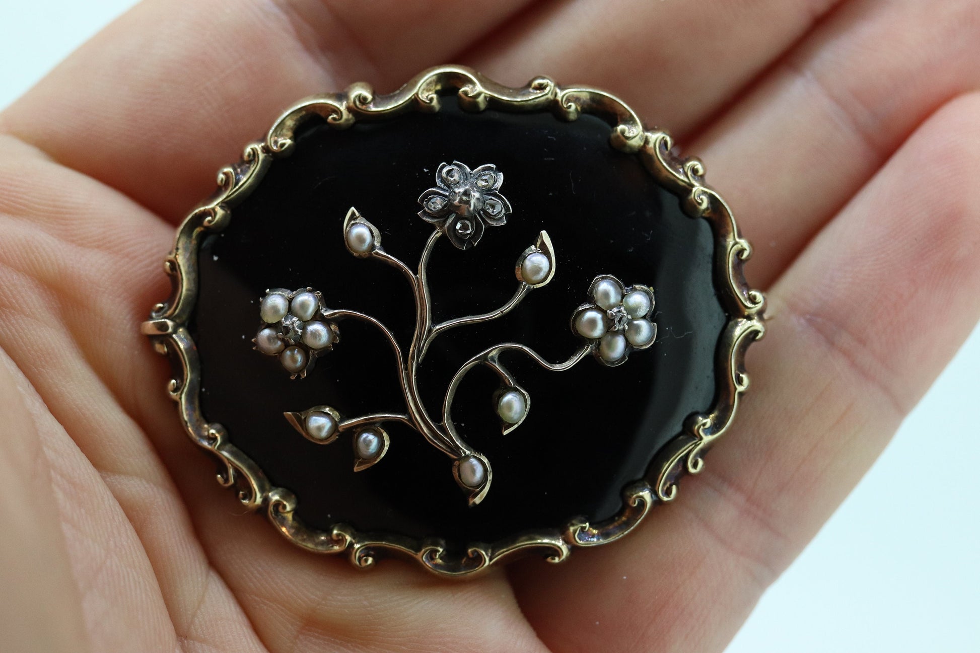 12k Victorian Black Enamel, Seed Pearls, Diamond and 12k gold and sterling silver, Mourning Brooch, c1840, Braided Hair Forget me not  260