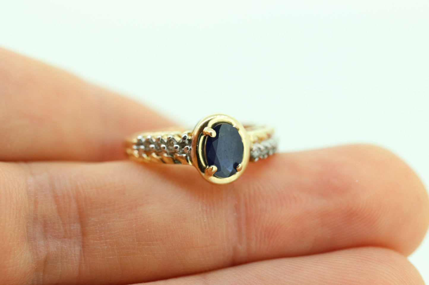 10k Blue Sapphire diamond solitaire ring. 10k Large oval Sapphire ring. Nissko Sapphire diamond ring. st(86)