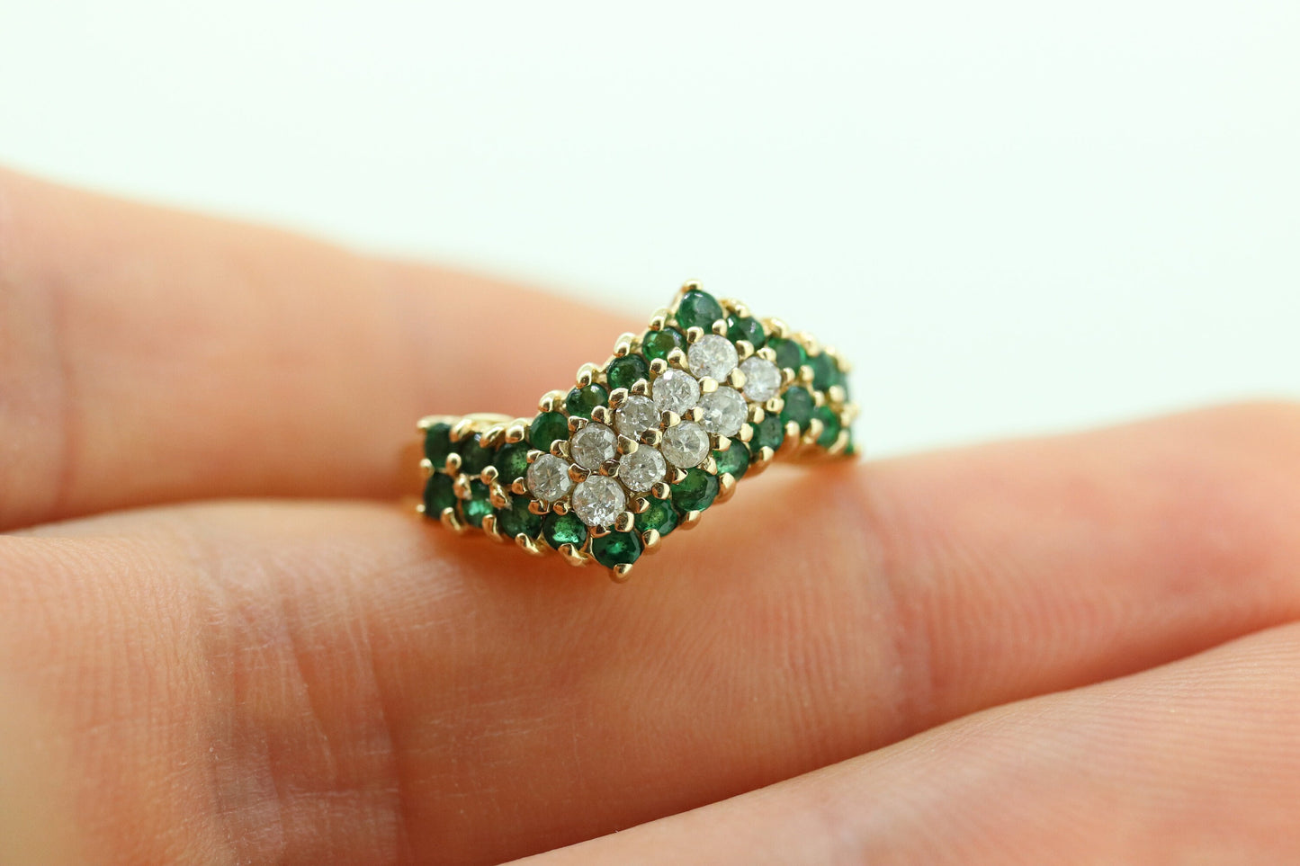 10k Diamond Emerald Pave Encrusted Band. 10k Yellow Gold Diamond Emerald Dome bypass Cluster band. st(110)