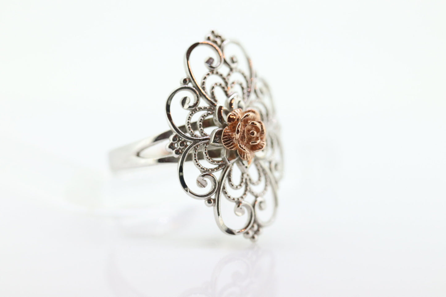 10k Open Flowers Shield ring. 10k Rose White Gold Flower Open scroll filigree Skinny Dainty Michael Anthony ring. st(67)