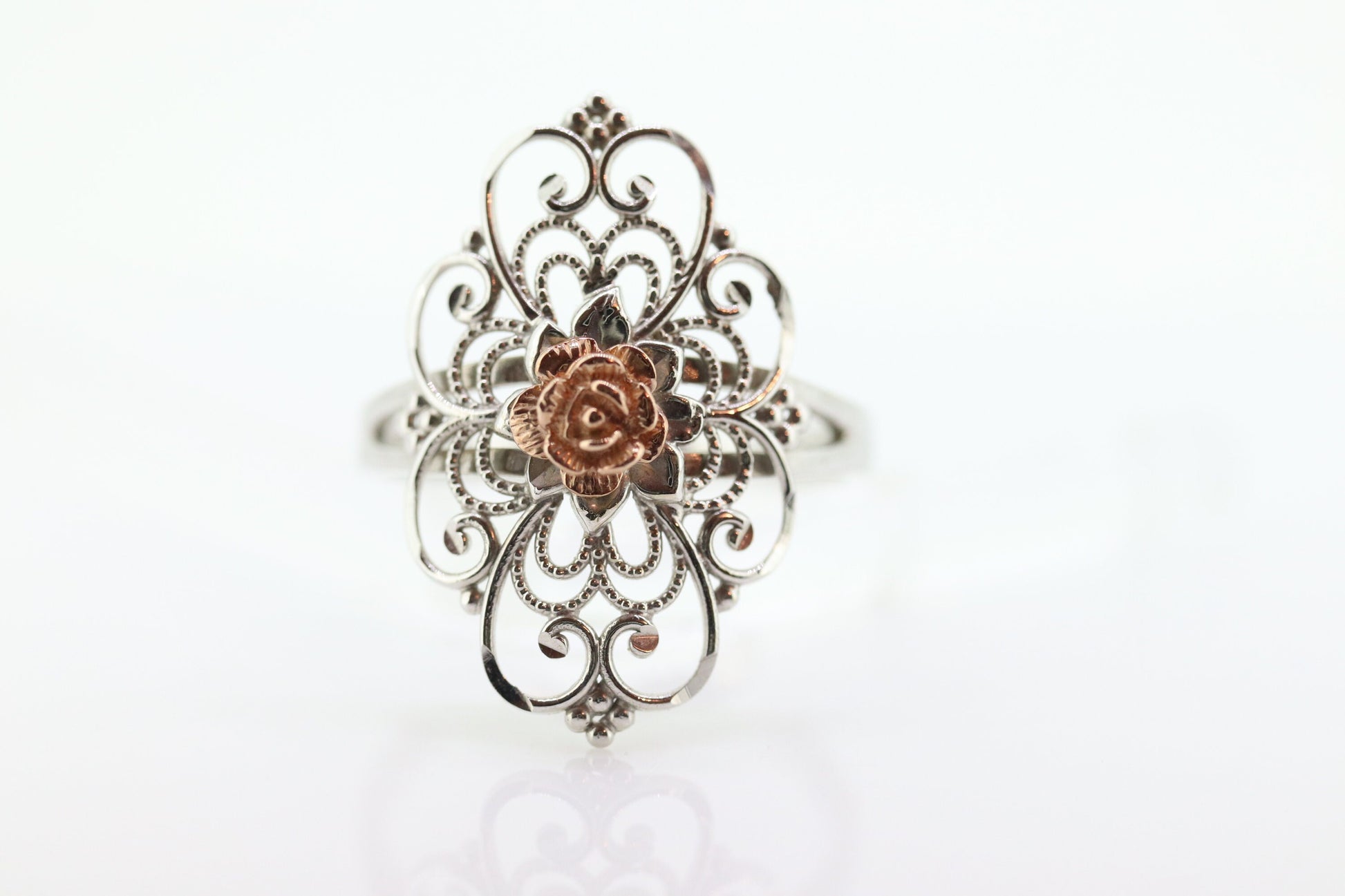 10k Open Flowers Shield ring. 10k Rose White Gold Flower Open scroll filigree Skinny Dainty Michael Anthony ring. st(67)