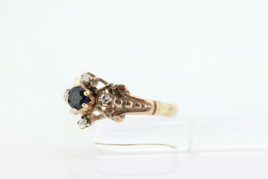 Antique ring. 10k diamond and sapphire Halo ring. 10k victorian diamond buttercup ring. st(58)