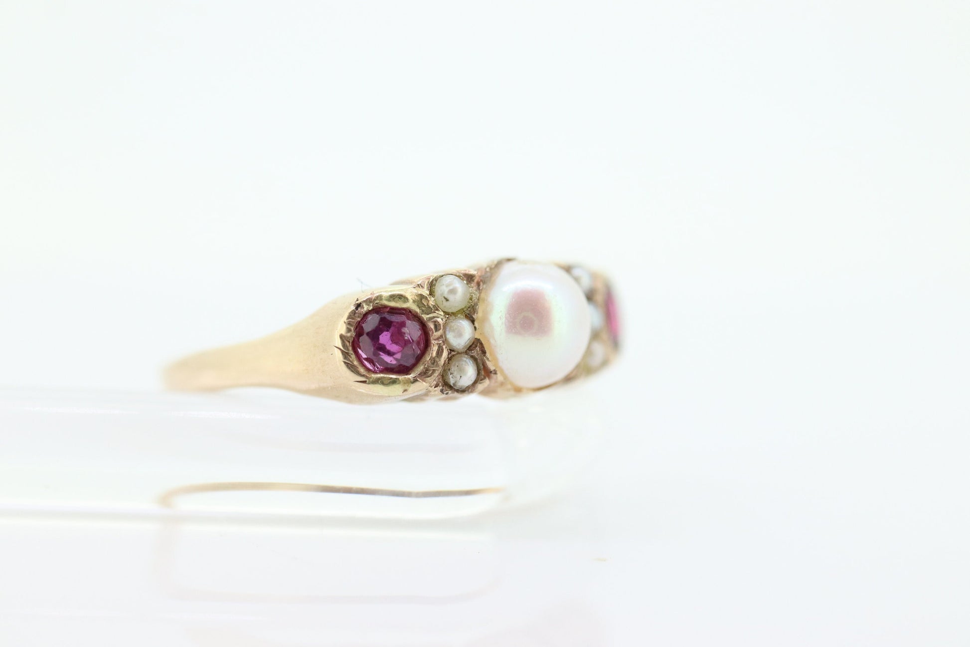 14k Ruby and Pearl Cluster ring. Victorian Pearl seed and Ruby band. st(109)