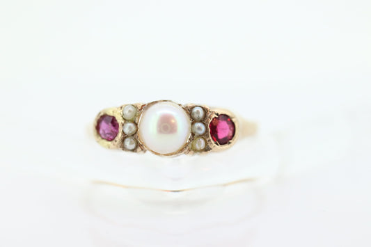 14k Ruby and Pearl Cluster ring. Victorian Pearl seed and Ruby band. st(109)