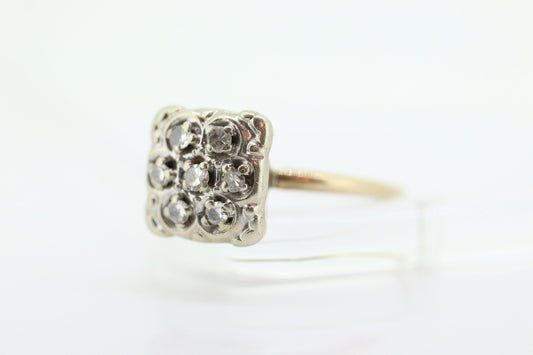 Diamond Daisy Cluster Elevated on Ring. 10k Art Deco Diamond Pave square cathedral. st(92)