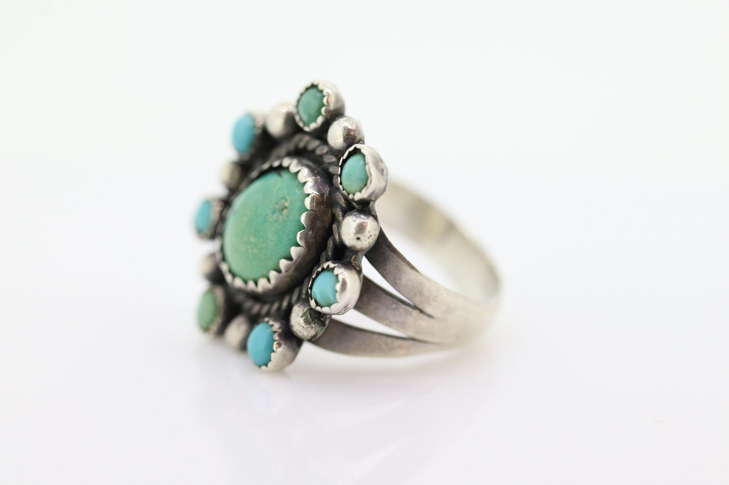 Zuni Navajo Sterling Silver ring. Turquoise Cluster Bezel set Ring.  St(10)