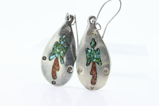 Navajo Zuni Phoenix Dangle Earrings. Turquoise Spiny Oyster Inlay and Sterling Silver Spoon dangle Earrings  (st14)