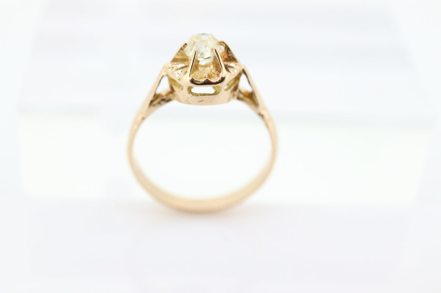 Victorian 18k Rose Gold Diamond Solitaire. 0.36ct Old Mine Cushion Cut Buttercup Diamond setting.