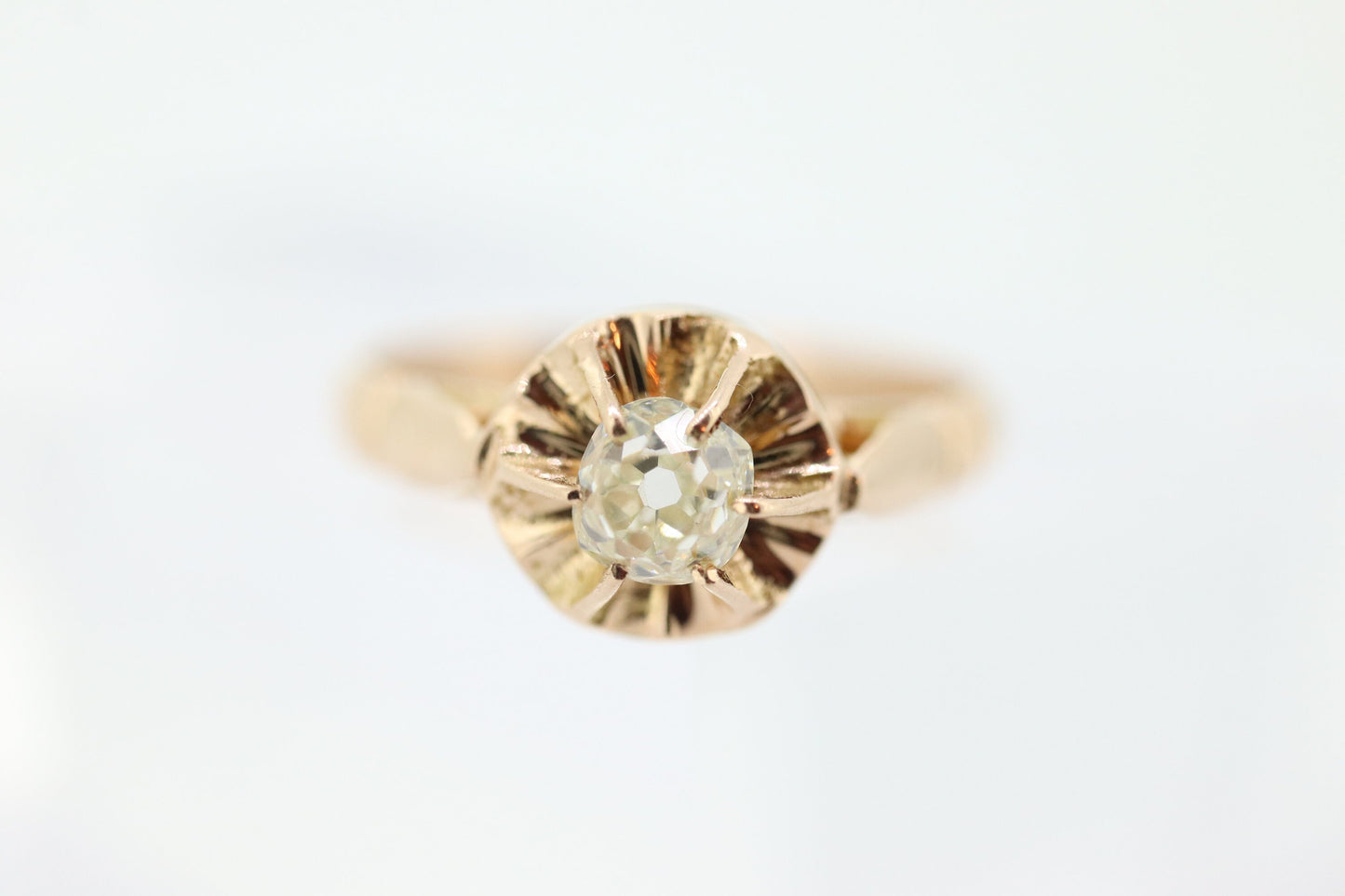 Victorian 18k Rose Gold Diamond Solitaire. 0.36ct Old Mine Cushion Cut Buttercup Diamond setting.