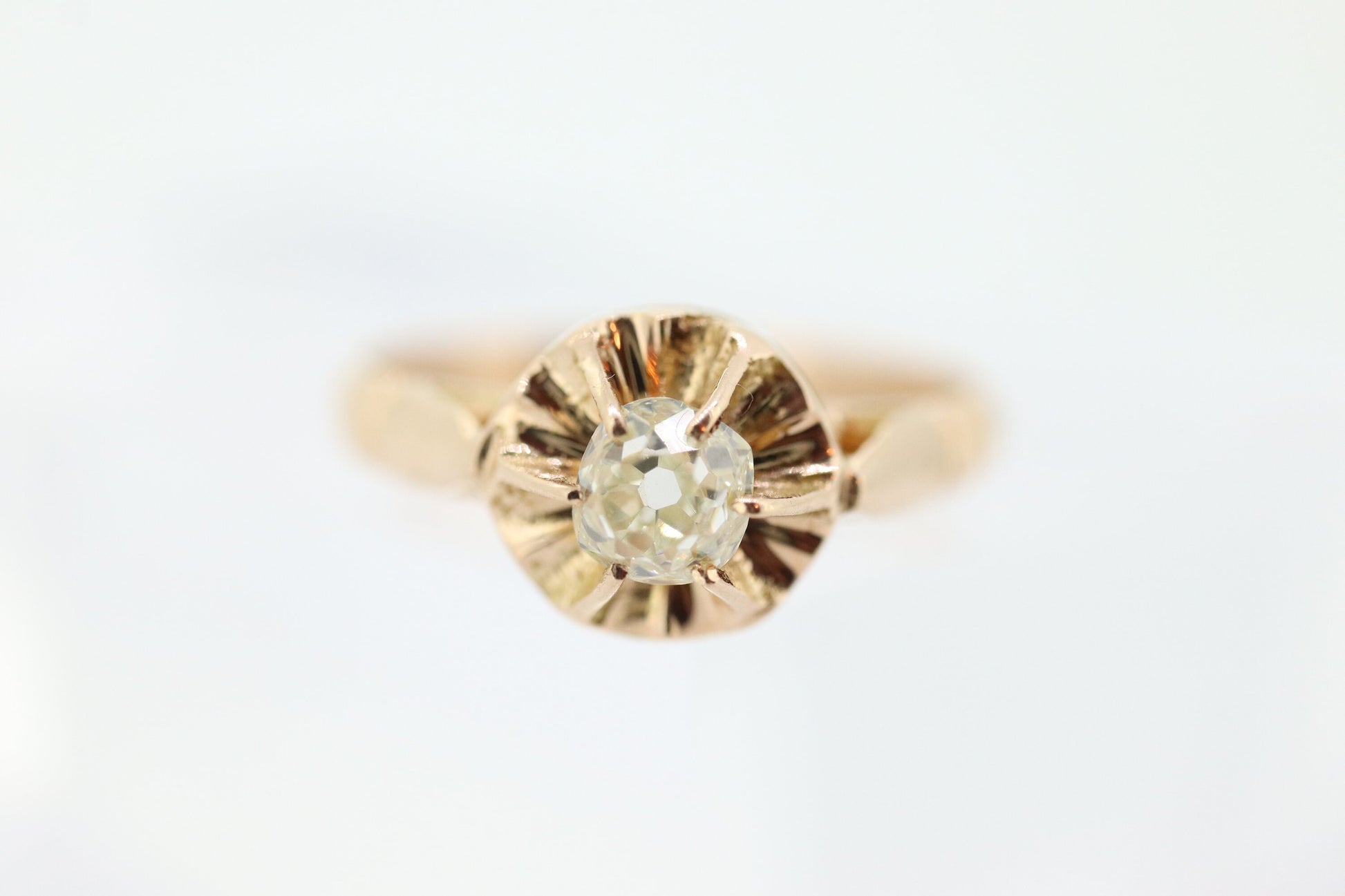 Victorian 18k Rose Gold Diamond Solitaire. 0.36ct Old Mine Cushion Cut Buttercup Diamond setting.