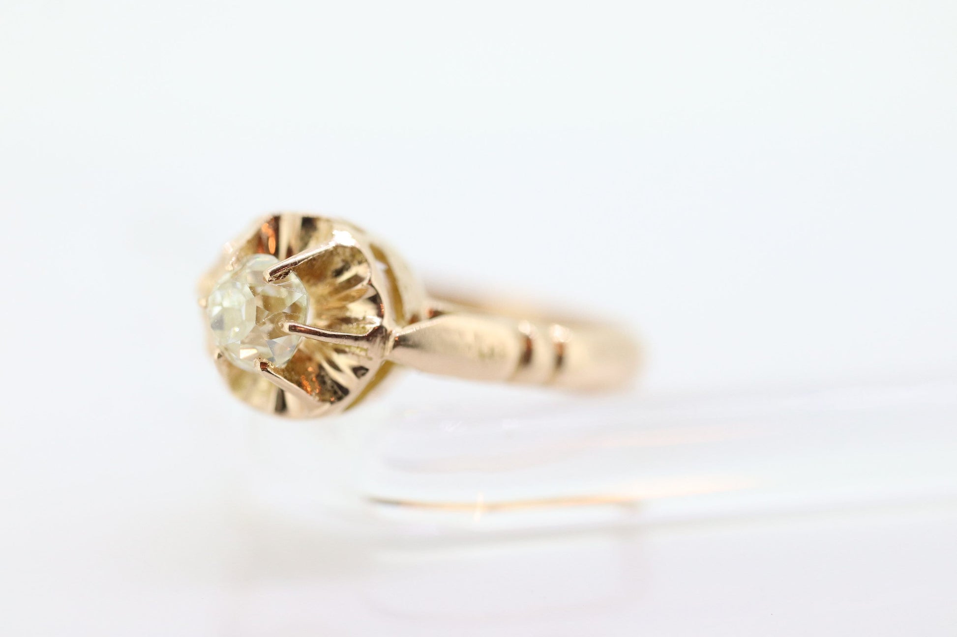 Victorian 18k Rose Gold Diamond Solitaire. 0.36ct Old Mine Cushion Cut Buttercup Diamond setting.