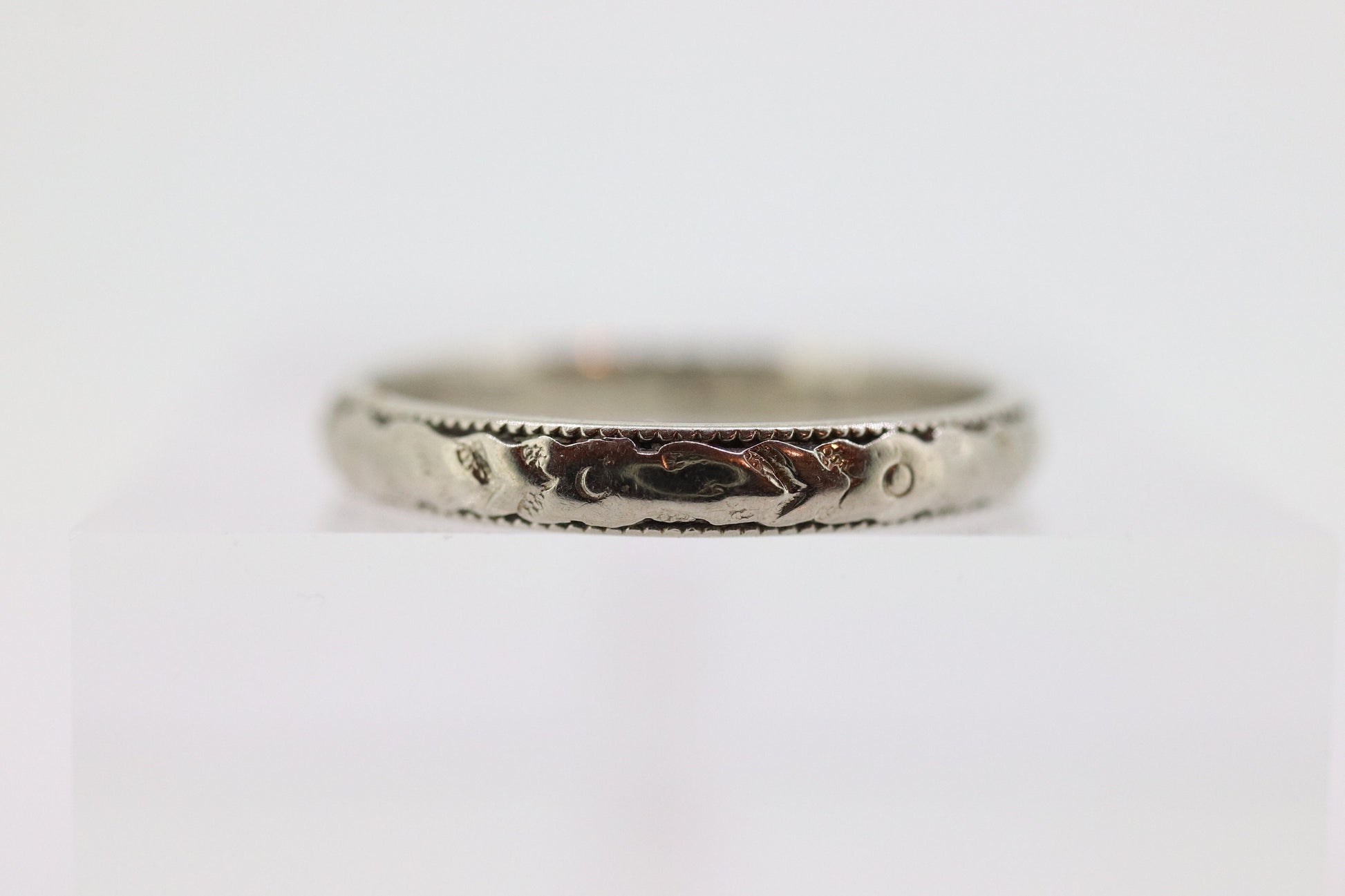 JR Wood and Sons 18K Band. 18k White Gold Embossed Flower Blossom Antique 1920s engraved 18K ring.