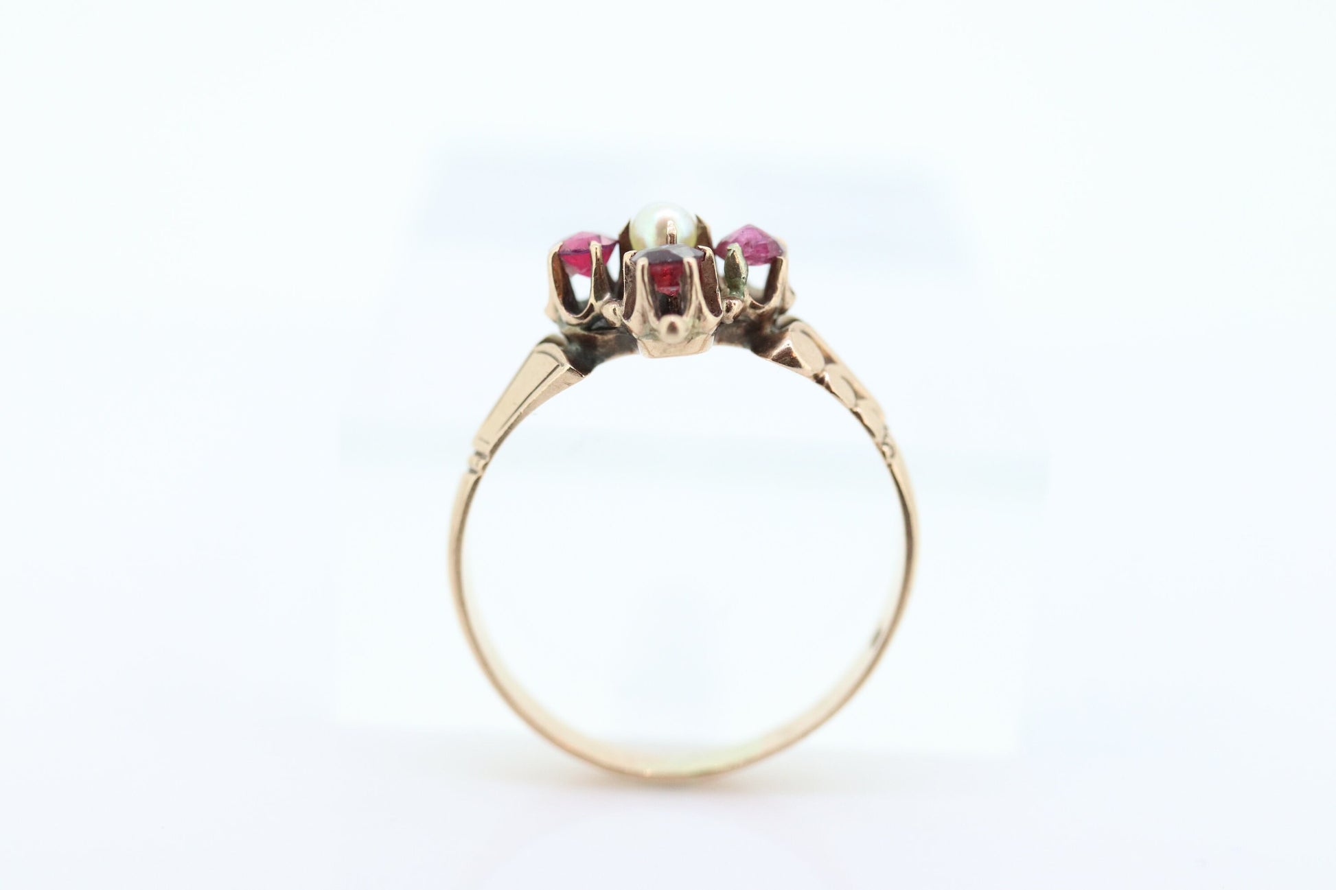 Victorian Garnet and Pearl Seed ring. Antique 10k Rose Gold Victorian Pearl Seed Garnet cluster ring.