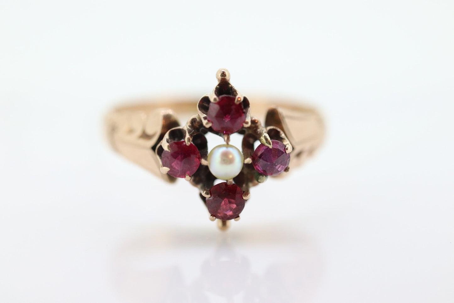 Victorian Garnet and Pearl Seed ring. Antique 10k Rose Gold Victorian Pearl Seed Garnet cluster ring.