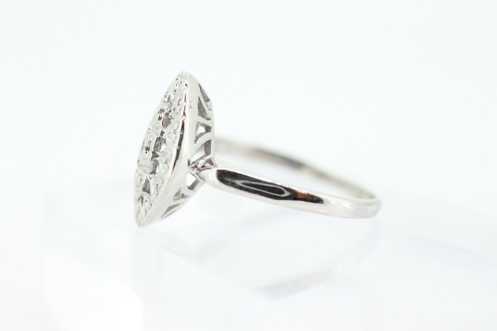 Marquise Signet Ring. Vintage 10k Flower Blossom white Gold Signet Ring. 10k White Gold Statement Ring.