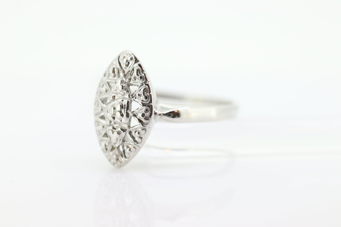 Marquise Signet Ring. Vintage 10k Flower Blossom white Gold Signet Ring. 10k White Gold Statement Ring.