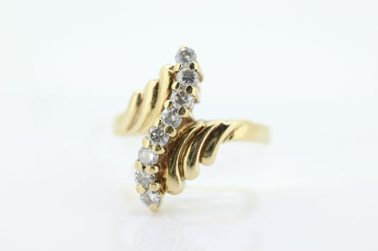 14K Diamond Bypass ring. Total 0.24ct Diamond Wave.  Stacked. Toi et moi band. Yellow Gold ring. Pinky ring