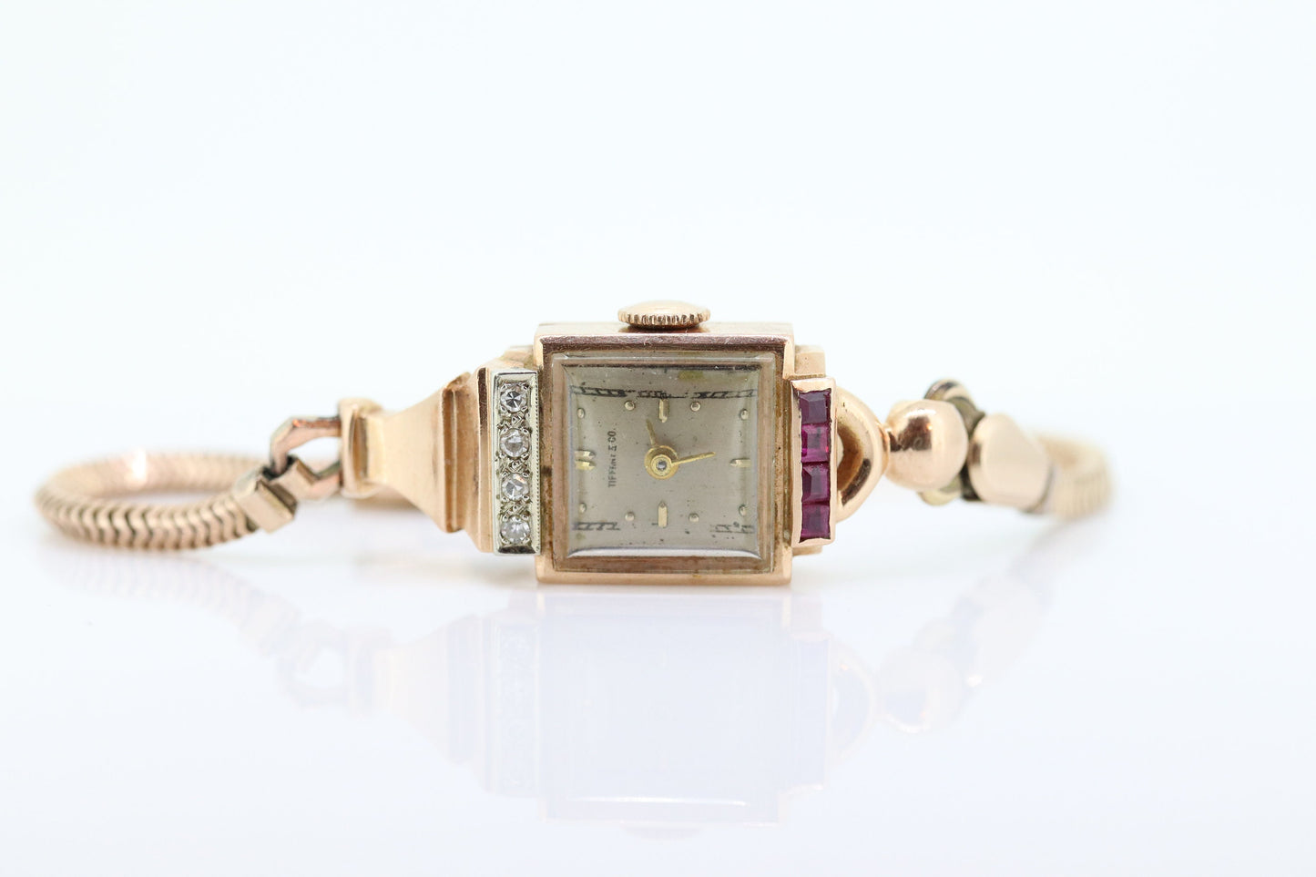 14k Tiffany & Co x Movado Womens Cocktail Watch. 14k Rose gold Manual Windup. 1950s Tiffany Movado Ruby Diamond Watch. st(360)
