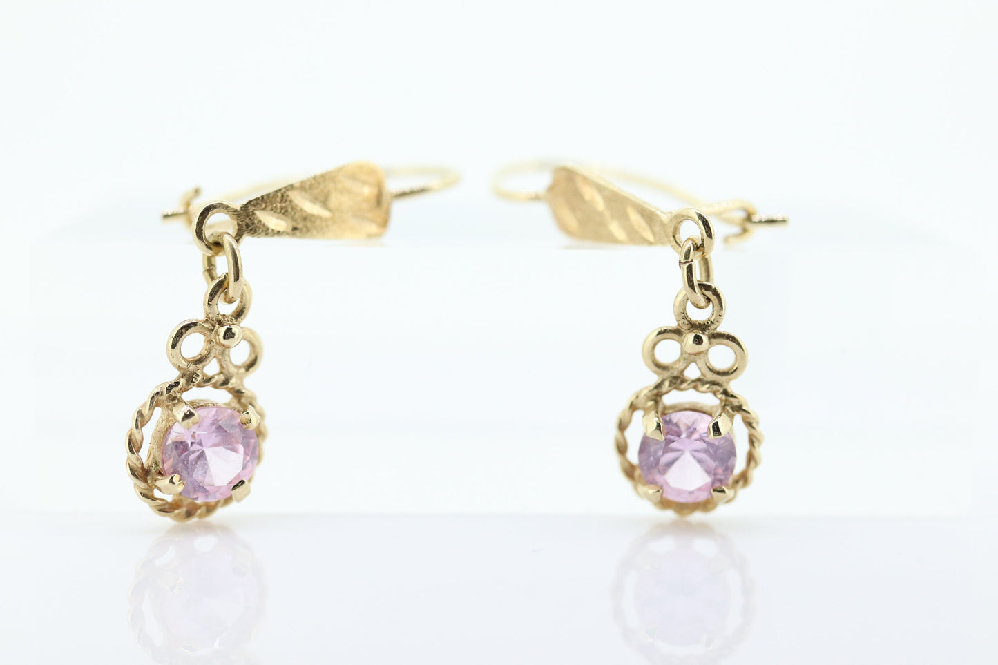 14k PINK Sapphire Dangle Earrings. PINK Sapphire Prong Earrings. st(110)