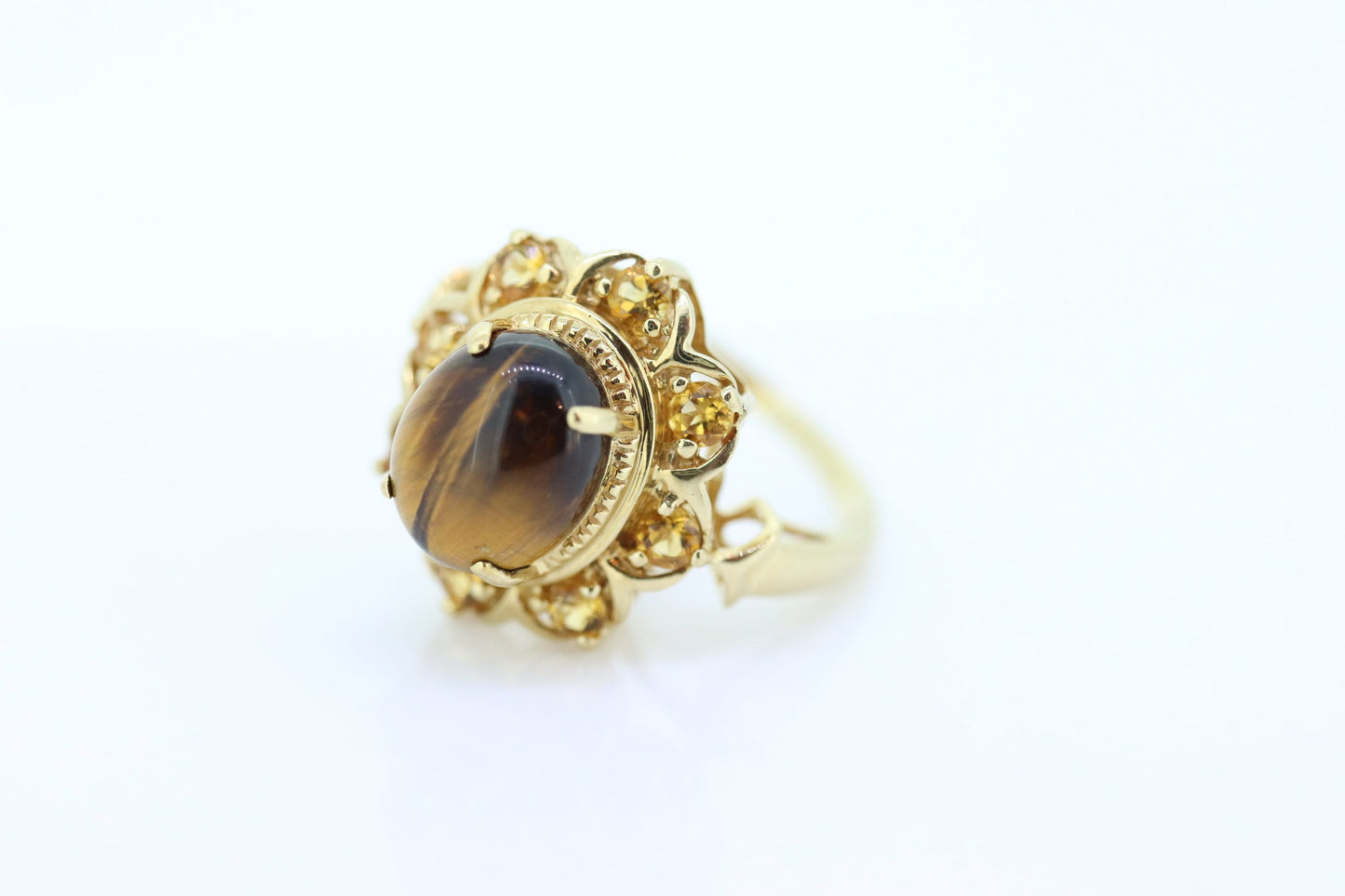 10k Tiger Eye Oval Cabochon ring. Tiger's Eye and Citrine Halo ring. St (88/11)