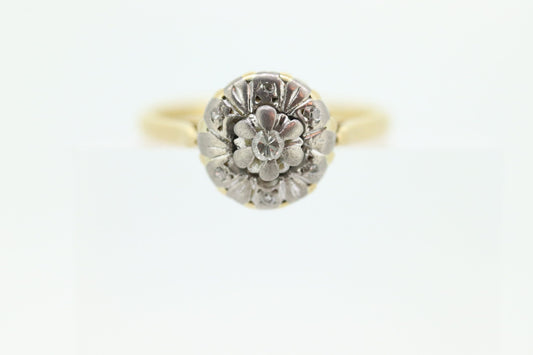 18k Diamond Daisy Cluster ring. Made in Birmingham UK England 1989. 750 18ct White Yellow Diamond Ring. st(135)