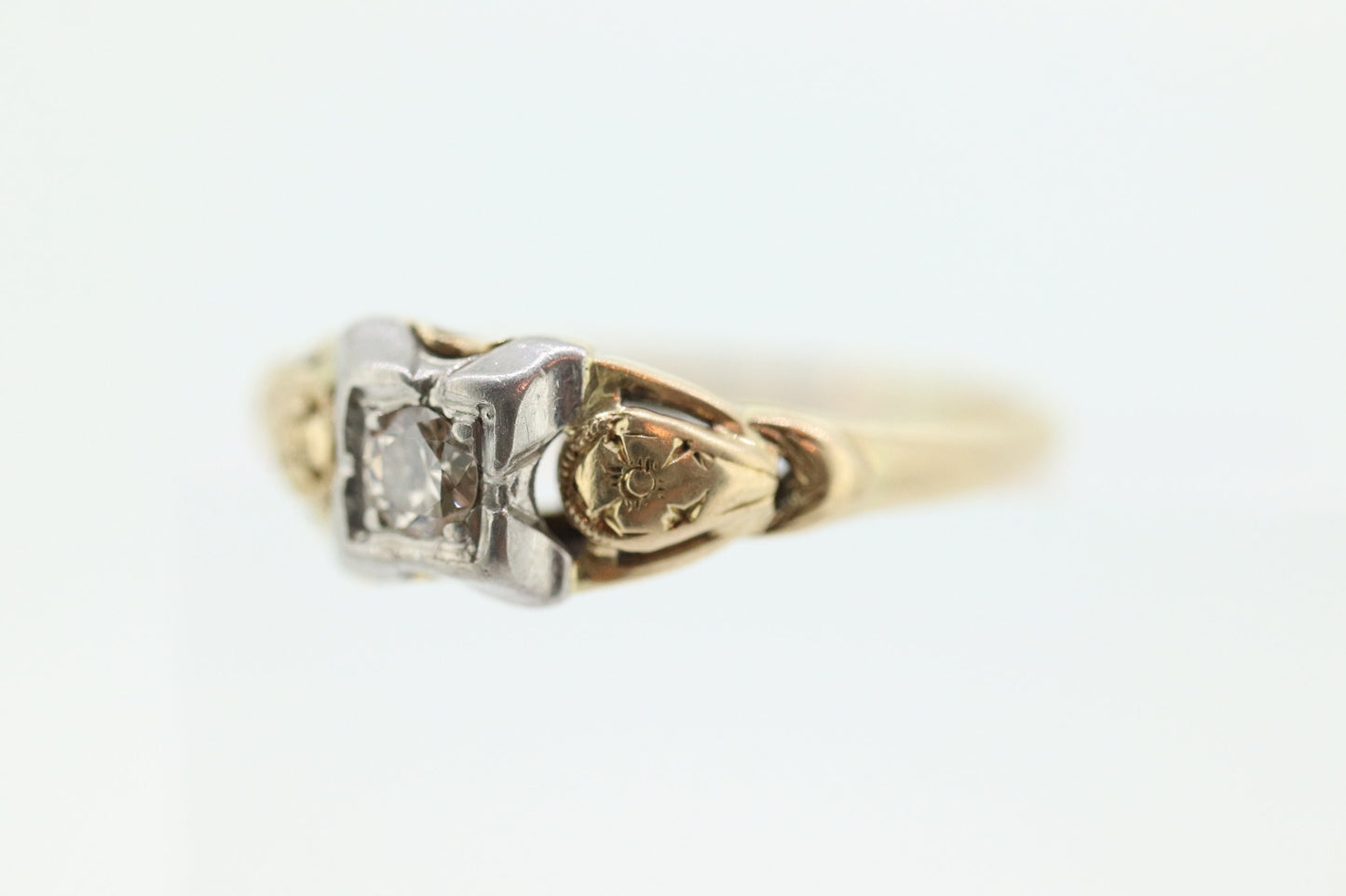 14k Art Deco Diamond ring. 14k White Yellow Gold Square cathedral Ring. Engraved Flower Blossom ring. st(84)