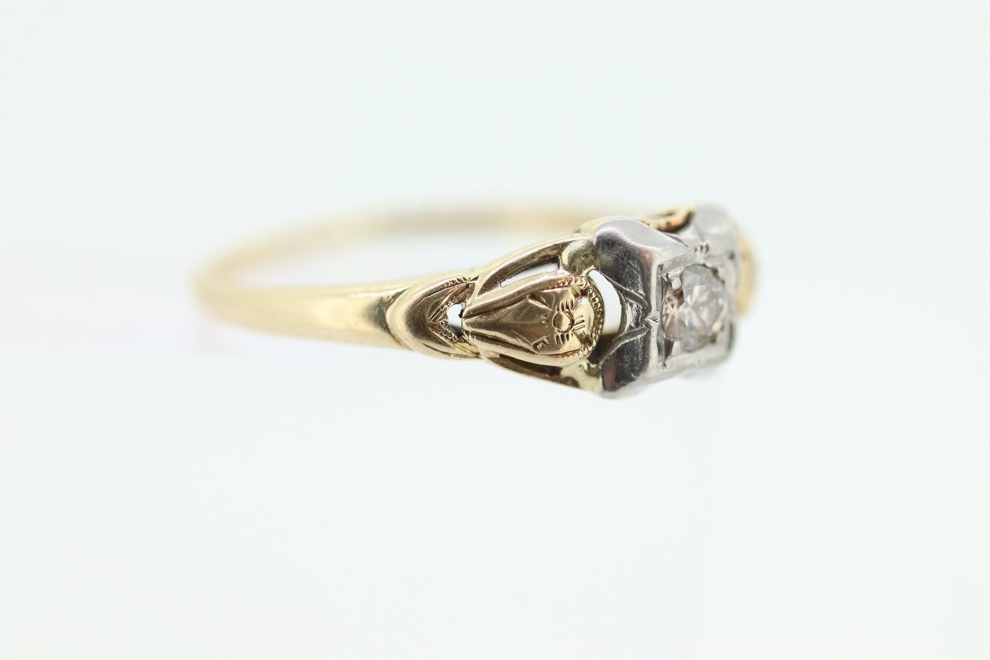 14k Art Deco Diamond ring. 14k White Yellow Gold Square cathedral Ring. Engraved Flower Blossom ring. st(84)