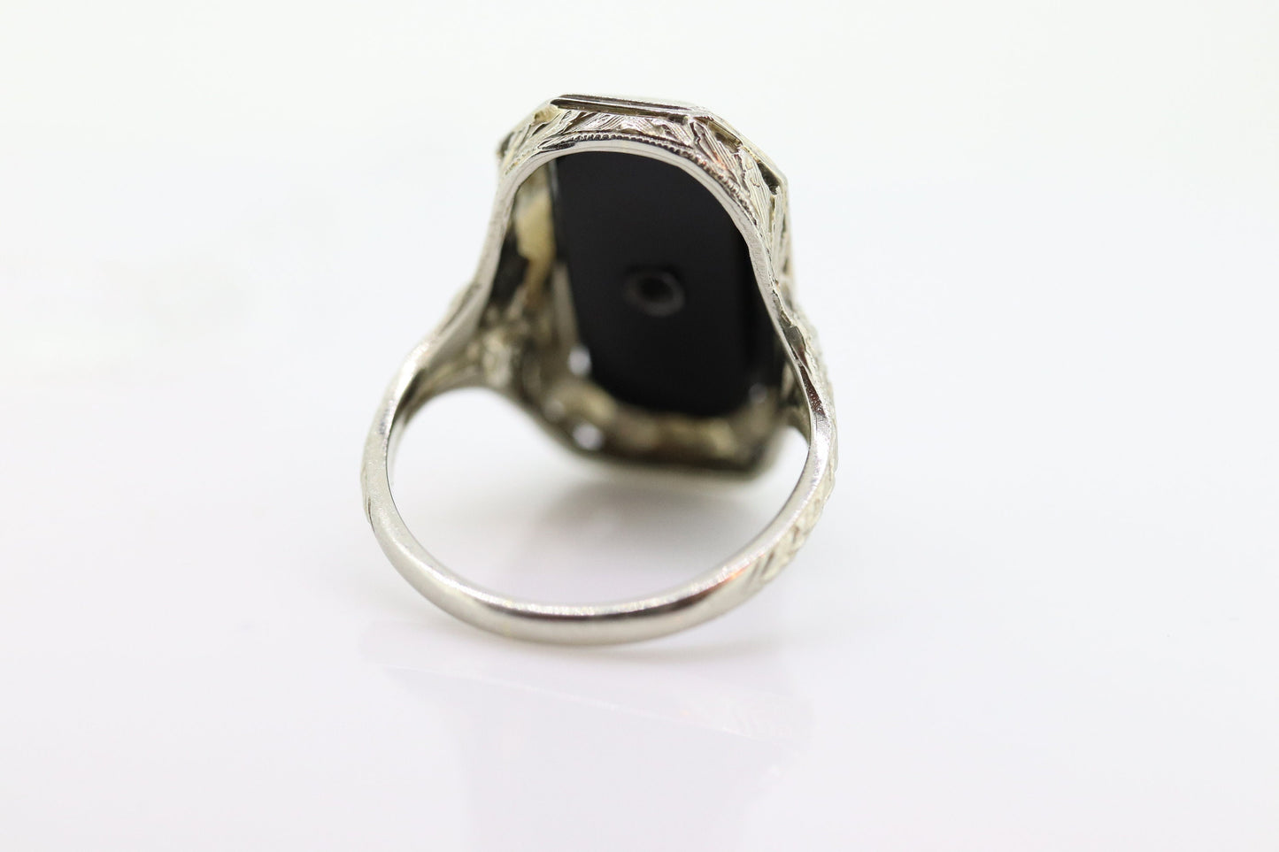 Art Deco Onyx and Diamond Ring. 14k Filigree White Gold Onyx and Diamond ring. Mourning Victorian Antique ring st(192)