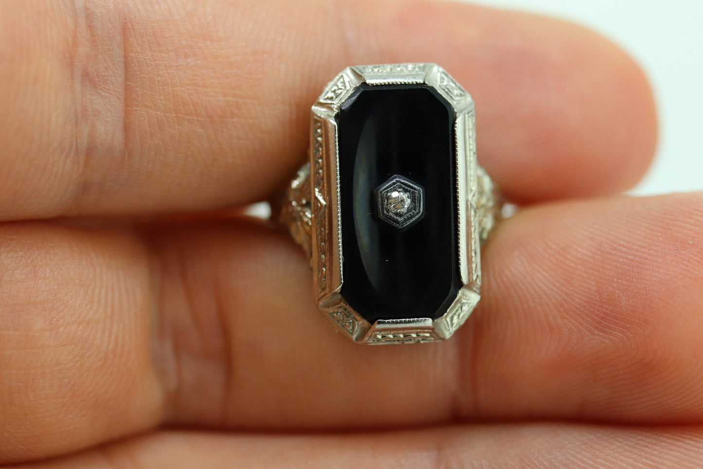 Art Deco Onyx and Diamond Ring. 14k Filigree White Gold Onyx and Diamond ring. Mourning Victorian Antique ring st(192)