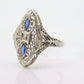 Antique Shield trilogy ring. 14k diamond and sapphire shield ring. 14k Art Deco trio triple diamond filigree signet ring. st(140)
