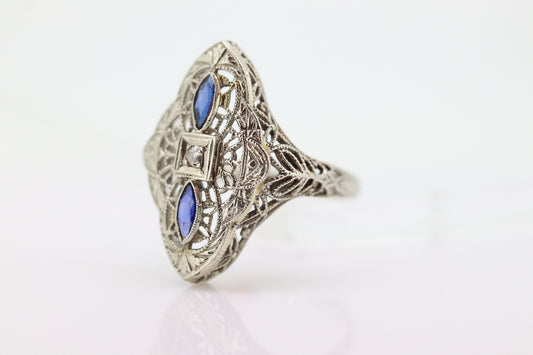 Antique Shield trilogy ring. 14k diamond and sapphire shield ring. 14k Art Deco trio triple diamond filigree signet ring. st(140)