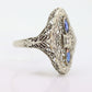 Antique Shield trilogy ring. 14k diamond and sapphire shield ring. 14k Art Deco trio triple diamond filigree signet ring. st(140)