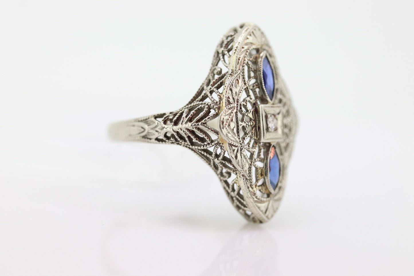 Antique Shield trilogy ring. 14k diamond and sapphire shield ring. 14k Art Deco trio triple diamond filigree signet ring. st(140)