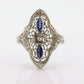 Antique Shield trilogy ring. 14k diamond and sapphire shield ring. 14k Art Deco trio triple diamond filigree signet ring. st(140)
