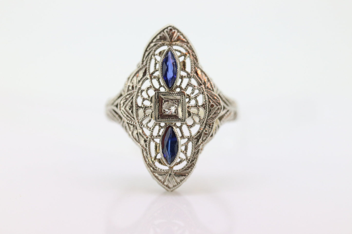 Antique Shield trilogy ring. 14k diamond and sapphire shield ring. 14k Art Deco trio triple diamond filigree signet ring. st(140)