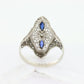 Antique Shield trilogy ring. 14k diamond and sapphire shield ring. 14k Art Deco trio triple diamond filigree signet ring. st(140)