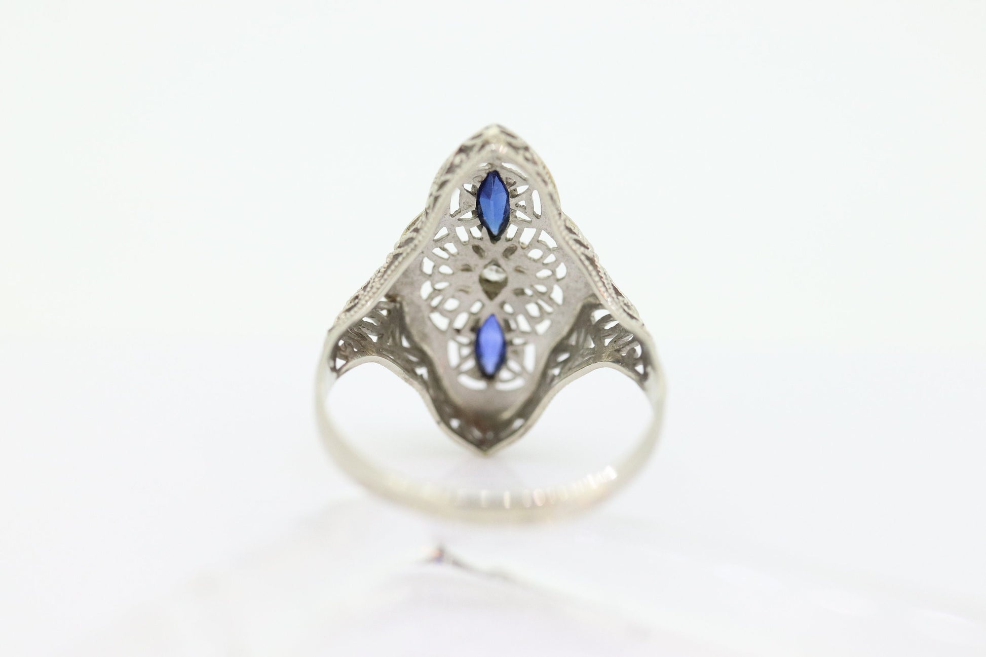 Antique Shield trilogy ring. 14k diamond and sapphire shield ring. 14k Art Deco trio triple diamond filigree signet ring. st(140)