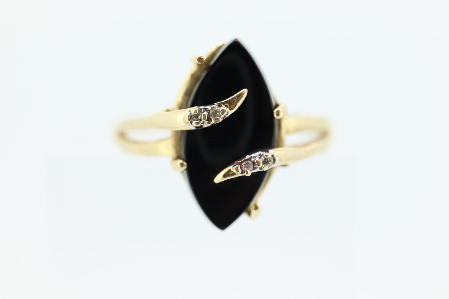 14k ONYX and diamond ring. Marquise Navette Onyx Prong set victorian mourning ring. st(136)