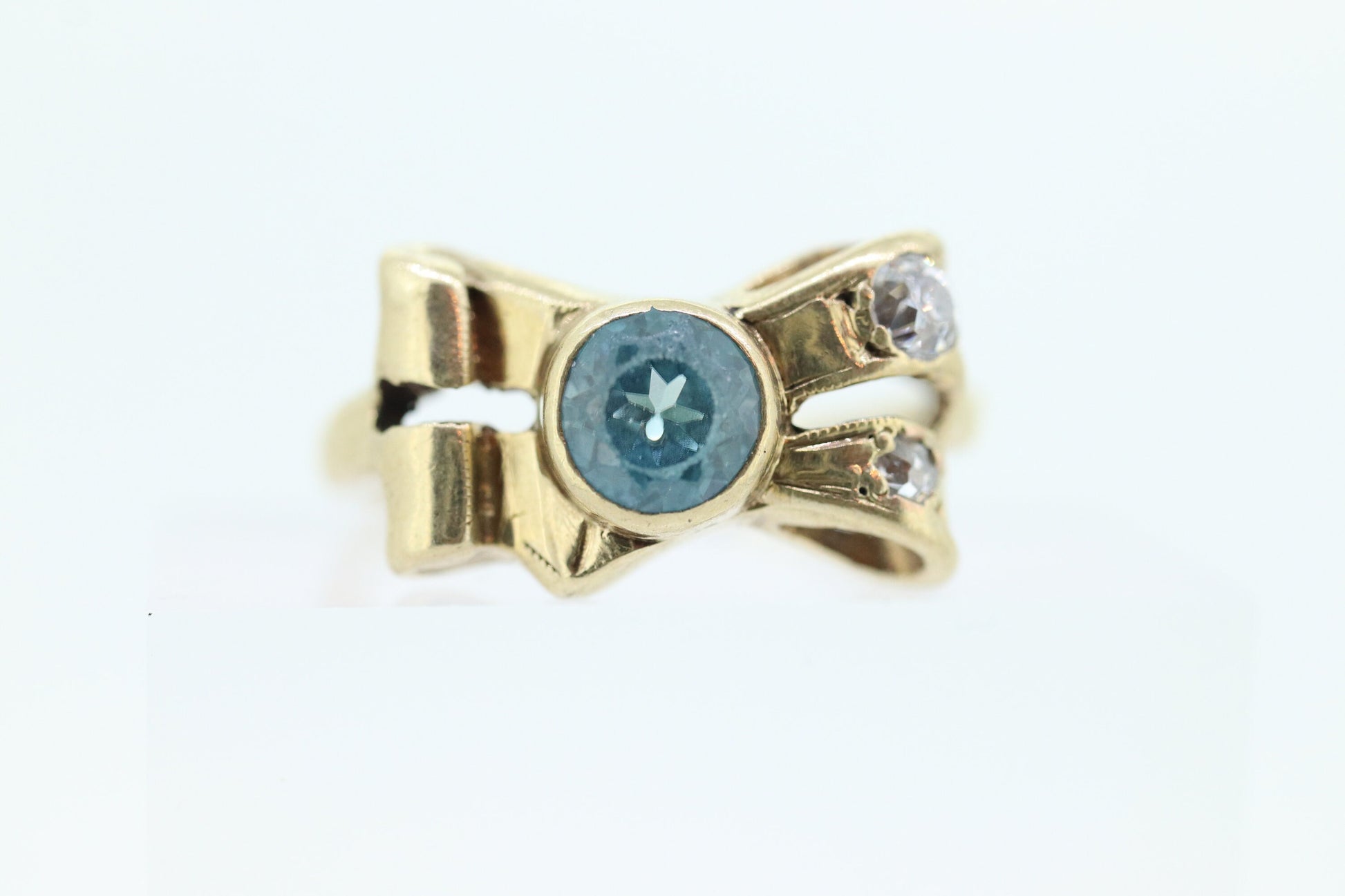 Antique LONDON Blue topaz and Diamond ring. Bezel Topaz and Diamond Bow Knot Love ring. st(88/33)