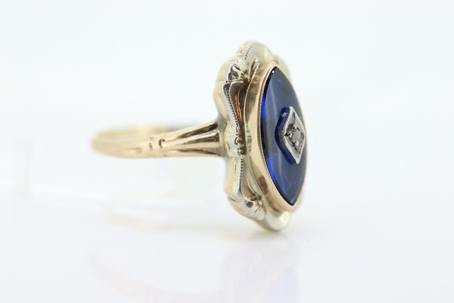 Antique 10k Blue Spinel Glass and diamond ring. Victorian mourning ring. Marquise Blue Spinel glass and diamond ring. st(88/33)