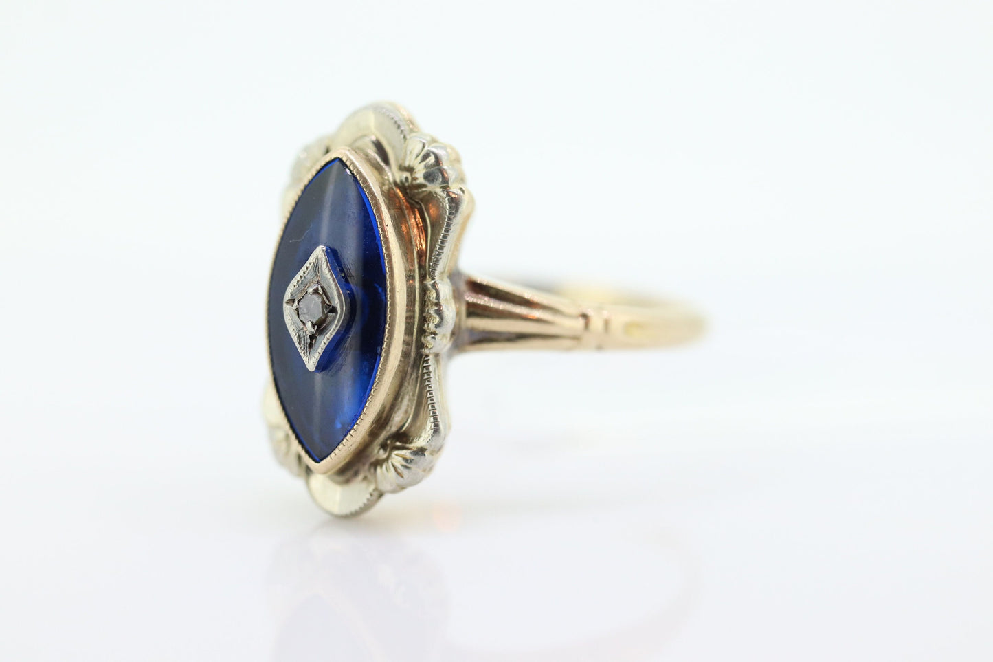 Antique 10k Blue Spinel Glass and diamond ring. Victorian mourning ring. Marquise Blue Spinel glass and diamond ring. st(88/33)